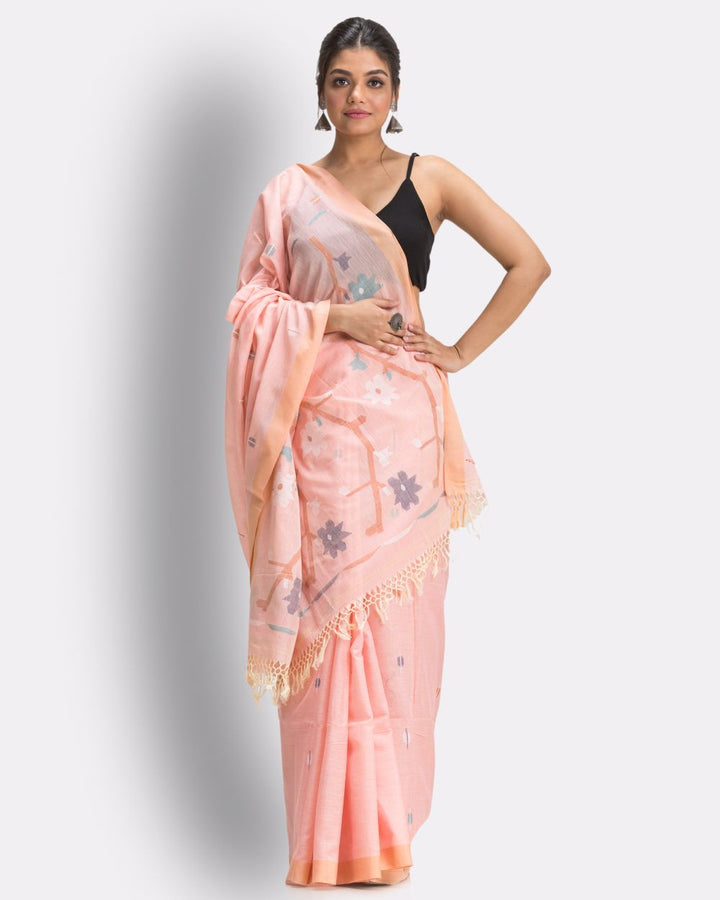 Pale orange handwoven cotton jamdani saree