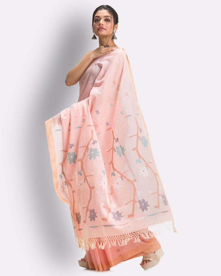 Pale orange handwoven cotton jamdani saree