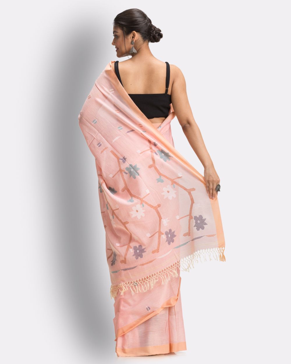 Pale orange handwoven cotton jamdani saree