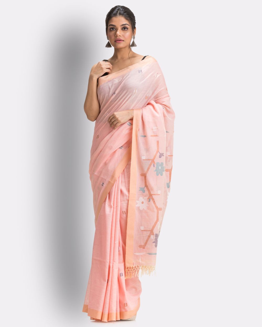 Pale orange handwoven cotton jamdani saree