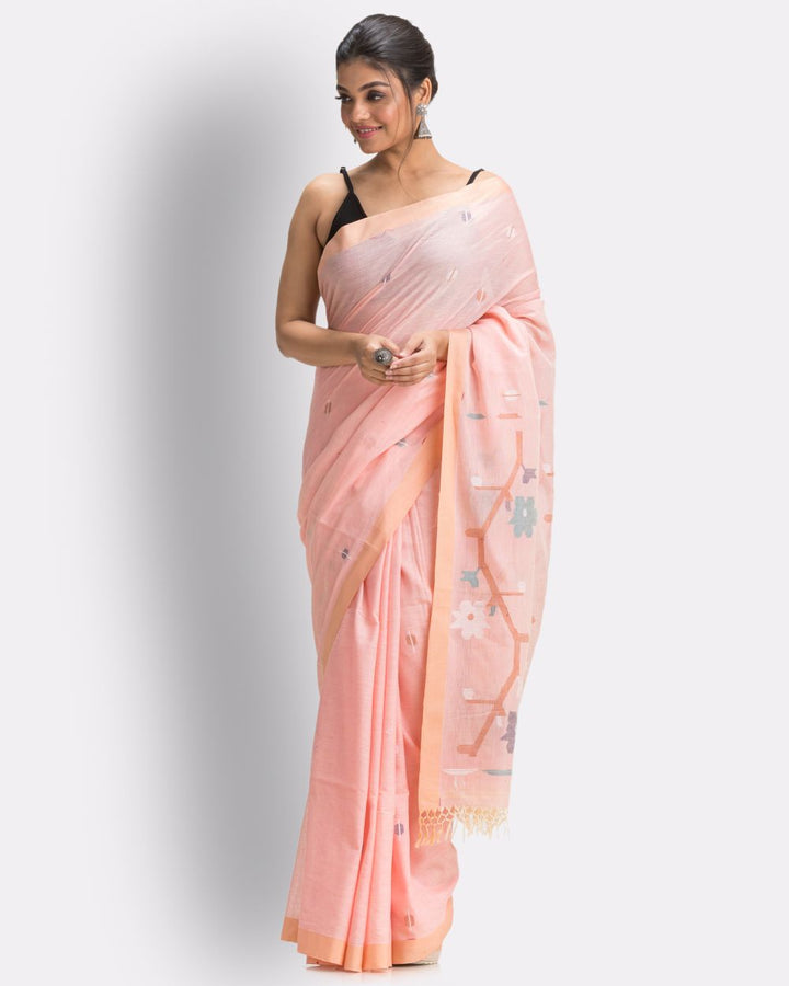 Pale orange handwoven cotton jamdani saree