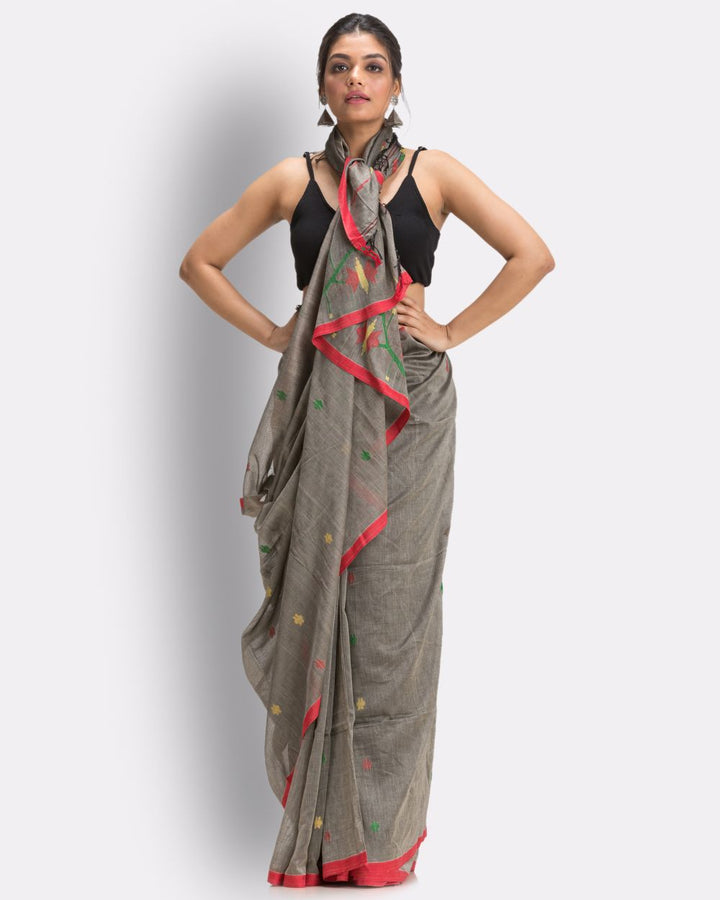 Grey red handwoven cotton jamdani saree