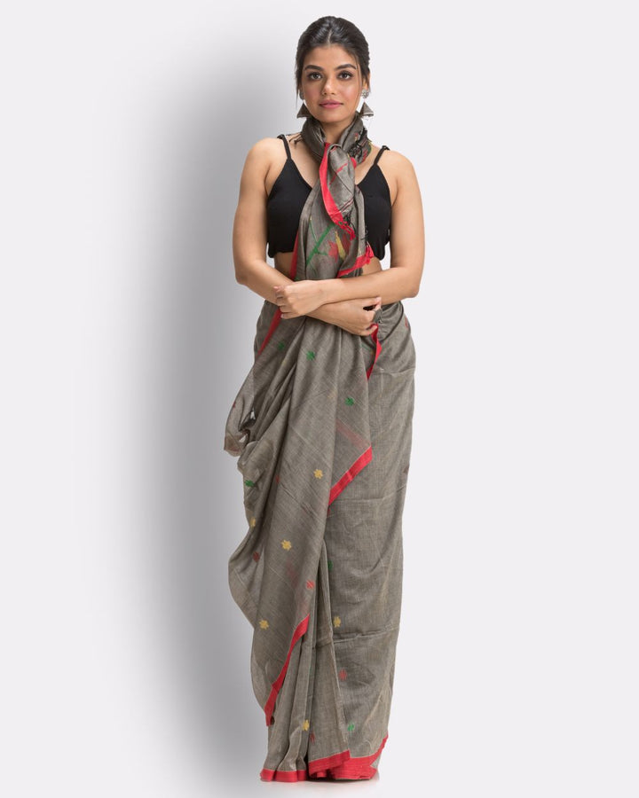 Grey red handwoven cotton jamdani saree