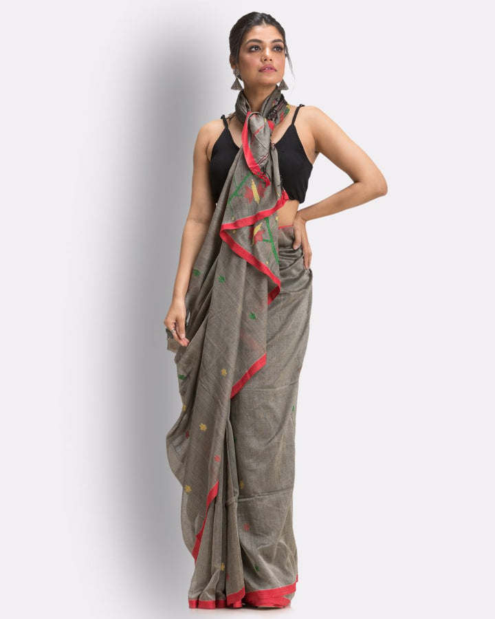 Grey red handwoven cotton jamdani saree