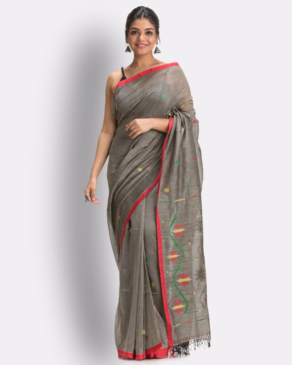 Grey red handwoven cotton jamdani saree