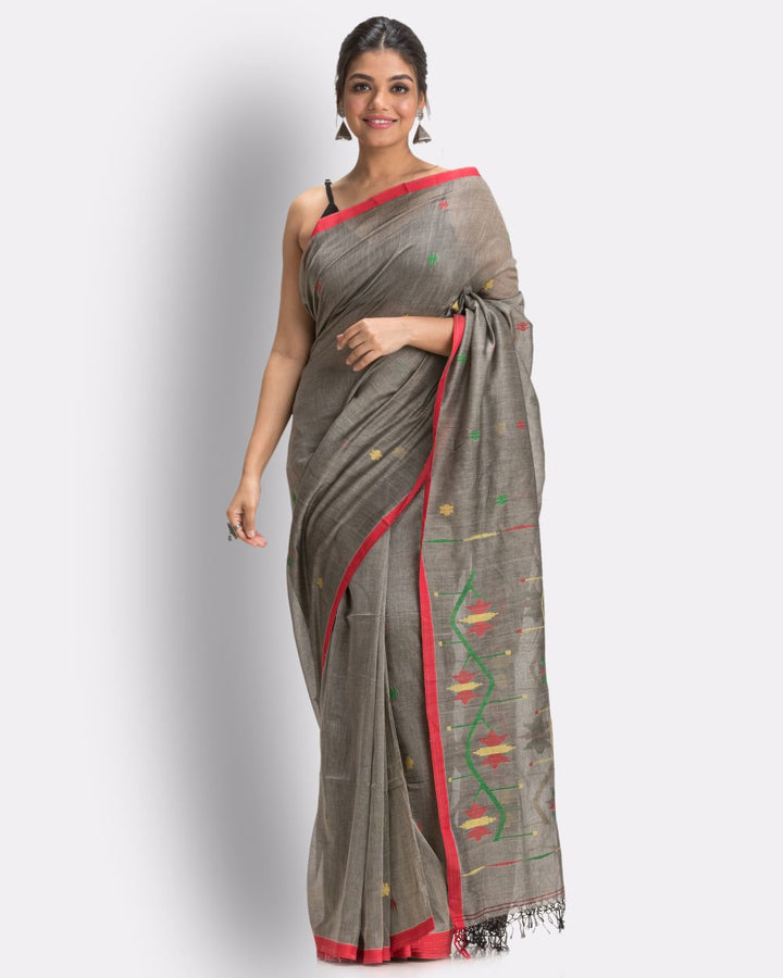 Grey red handwoven cotton jamdani saree