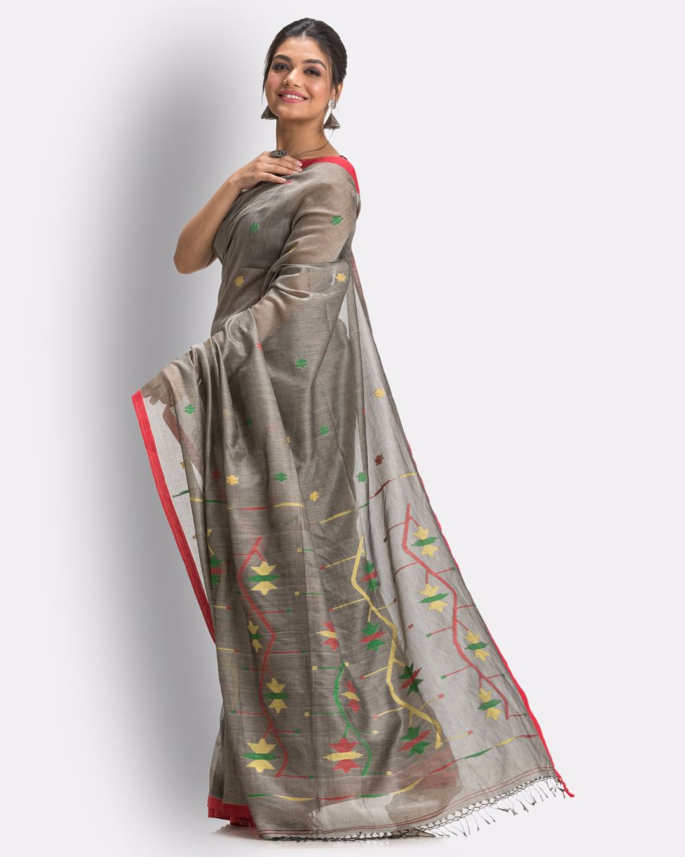 Grey red handwoven cotton jamdani saree