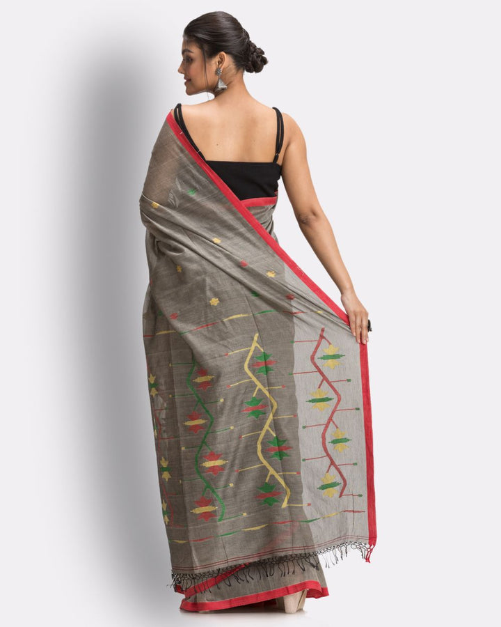 Grey red handwoven cotton jamdani saree