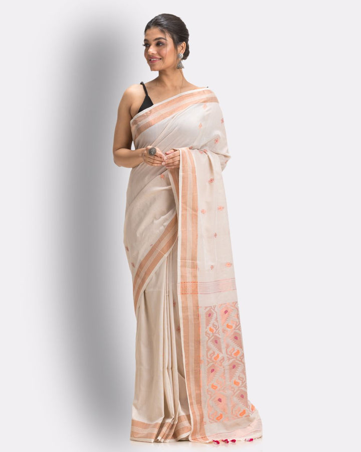 Off white orange handwoven cotton bengal saree