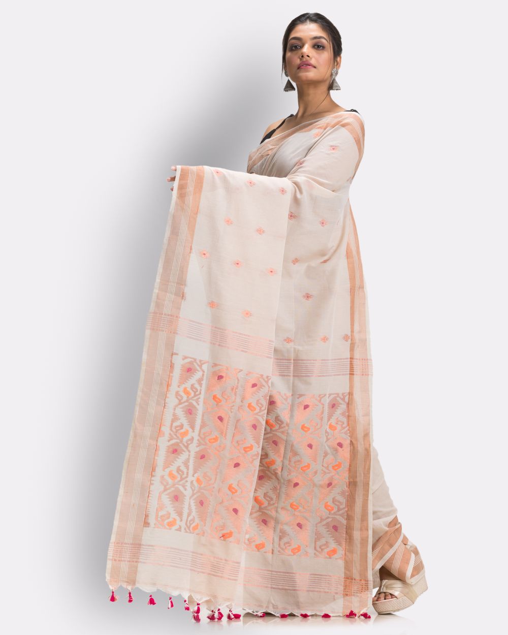 Off white orange handwoven cotton bengal saree
