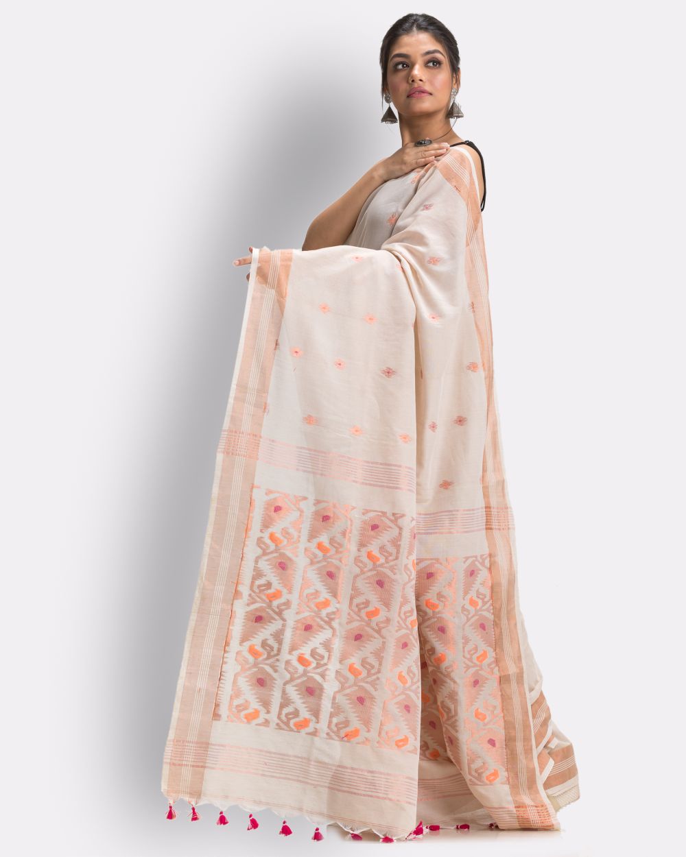 Off white orange handwoven cotton bengal saree