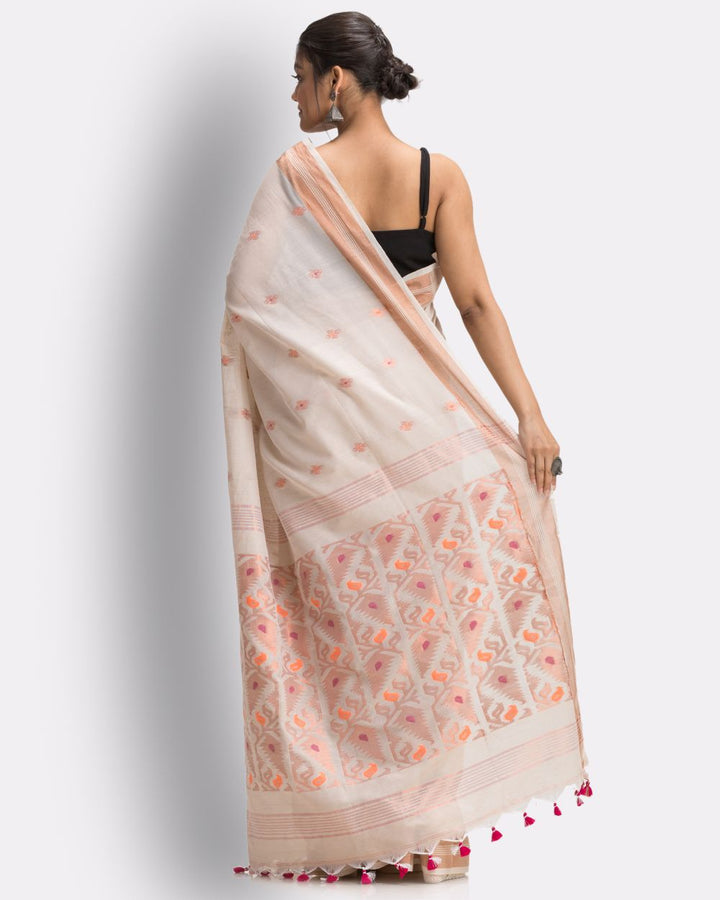Off white orange handwoven cotton bengal saree