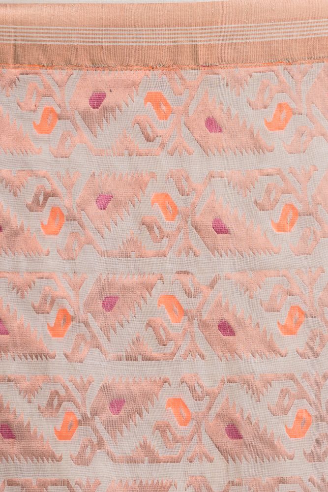 Off white orange handwoven cotton bengal saree