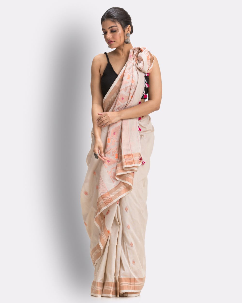 Off white orange handwoven cotton bengal saree