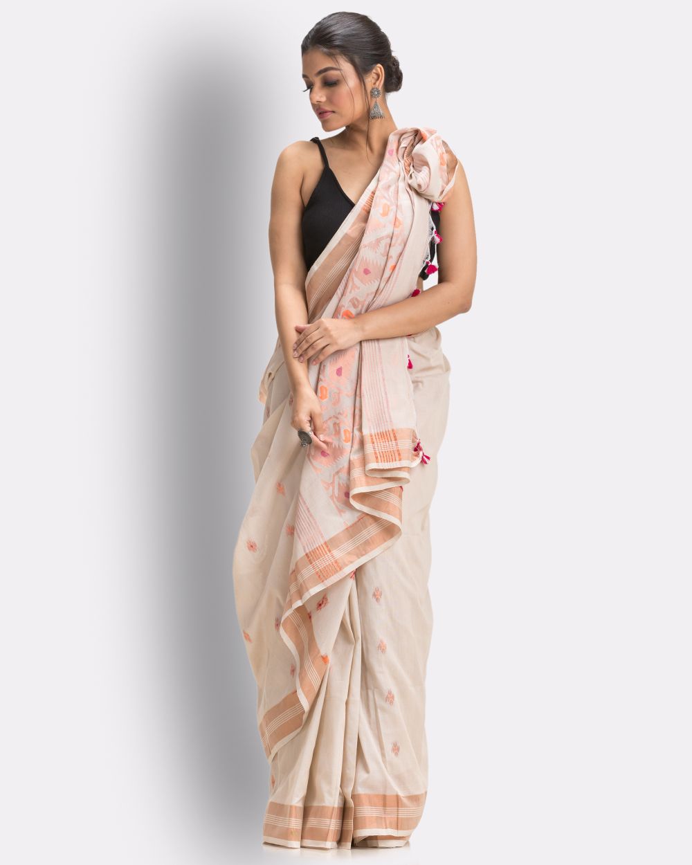 Off white orange handwoven cotton bengal saree