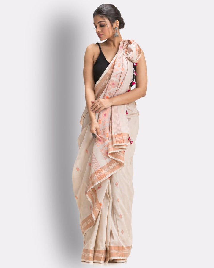 Off white orange handwoven cotton bengal saree