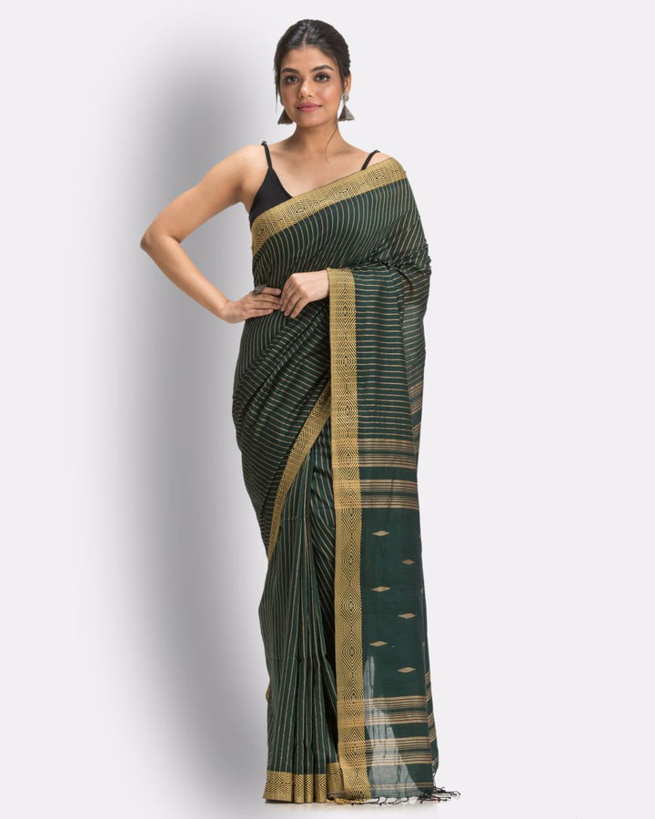 Dark green handwoven cotton jamdani saree