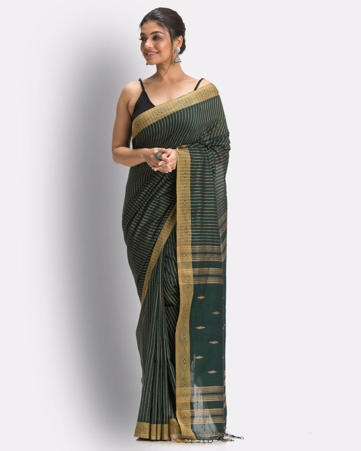 Dark green handwoven cotton jamdani saree