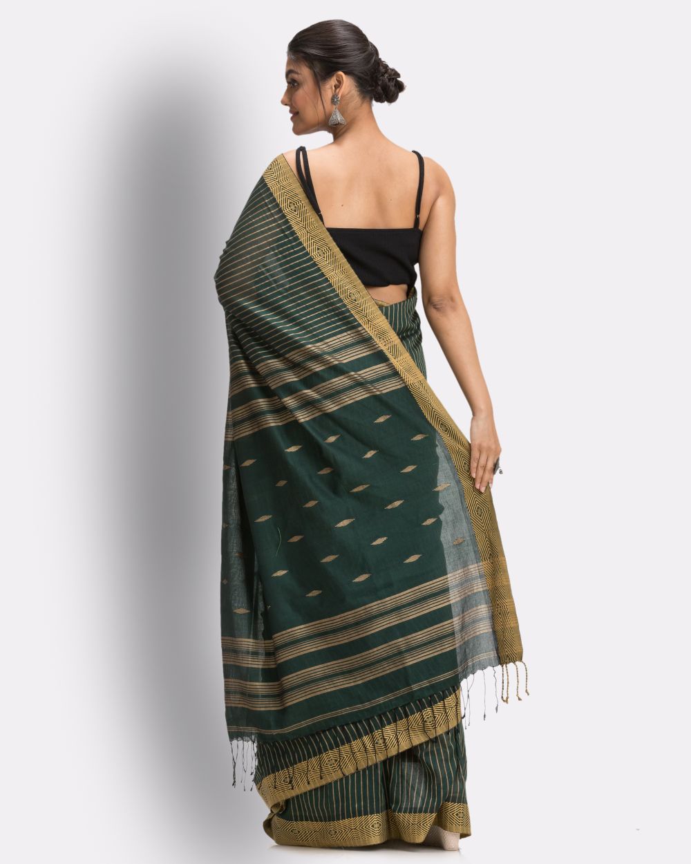 Dark green handwoven cotton jamdani saree