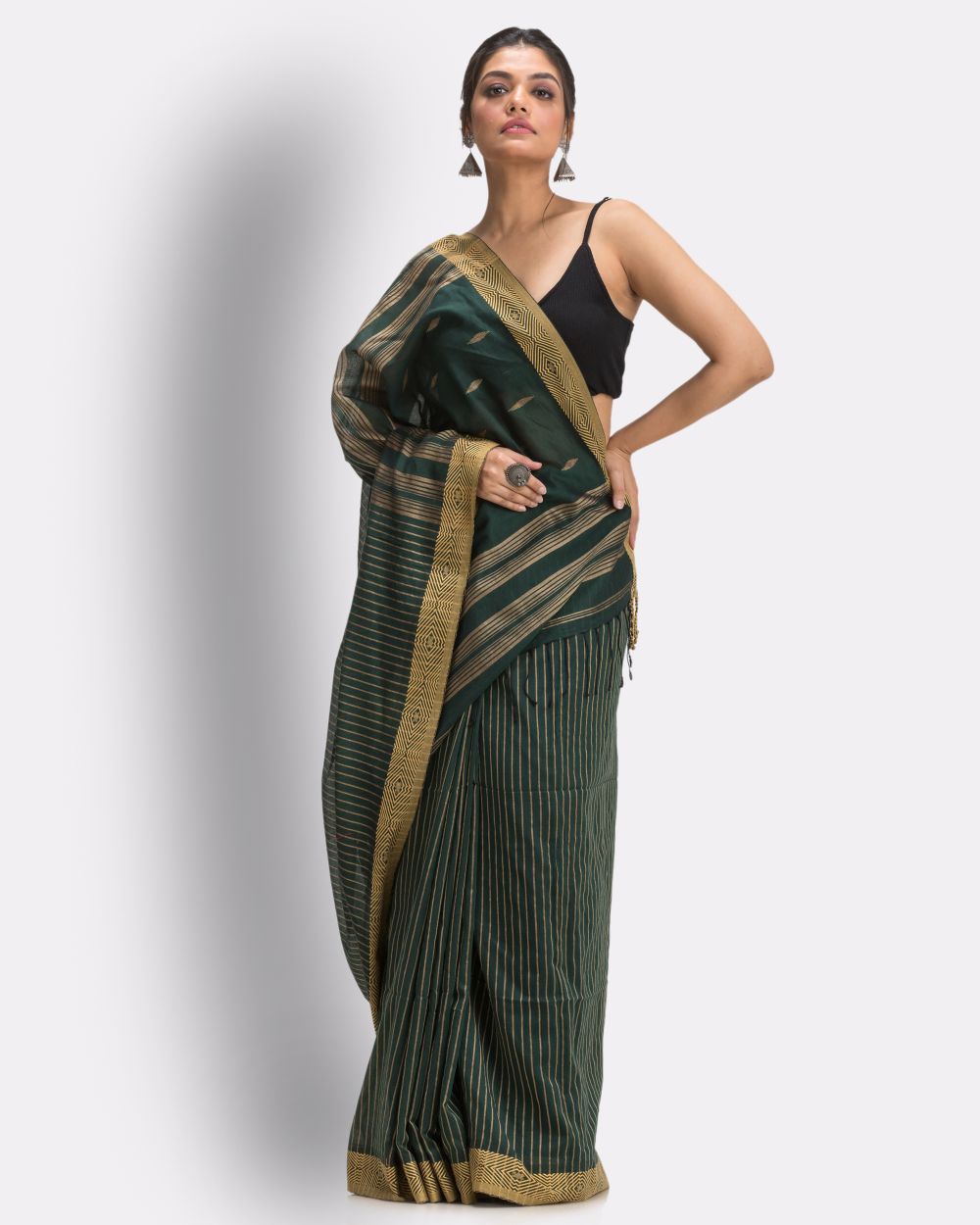Dark green handwoven cotton jamdani saree