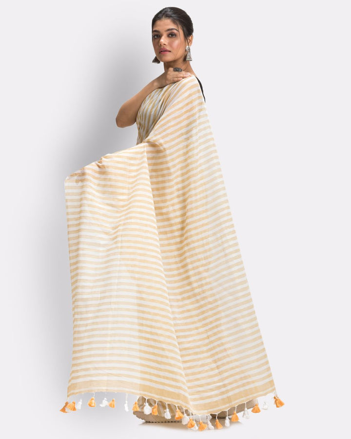 Beige white striped handwoven mul cotton bengal saree