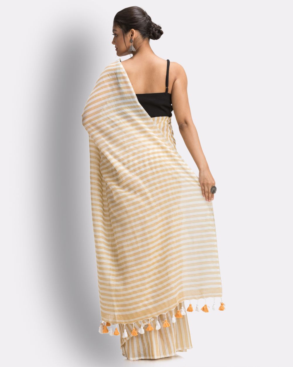 Beige white striped handwoven mul cotton bengal saree