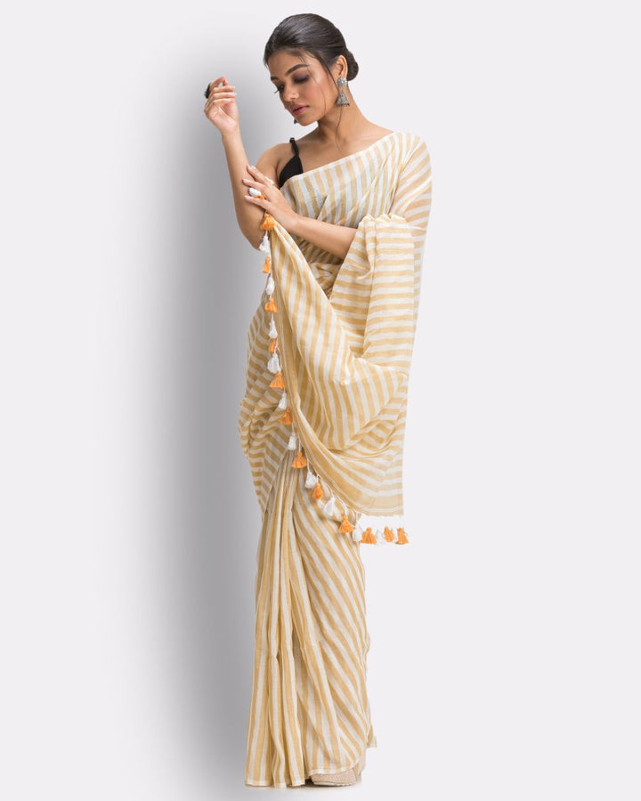 Beige white striped handwoven mul cotton bengal saree