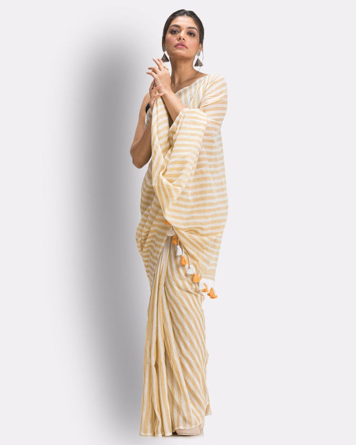 Beige white striped handwoven mul cotton bengal saree