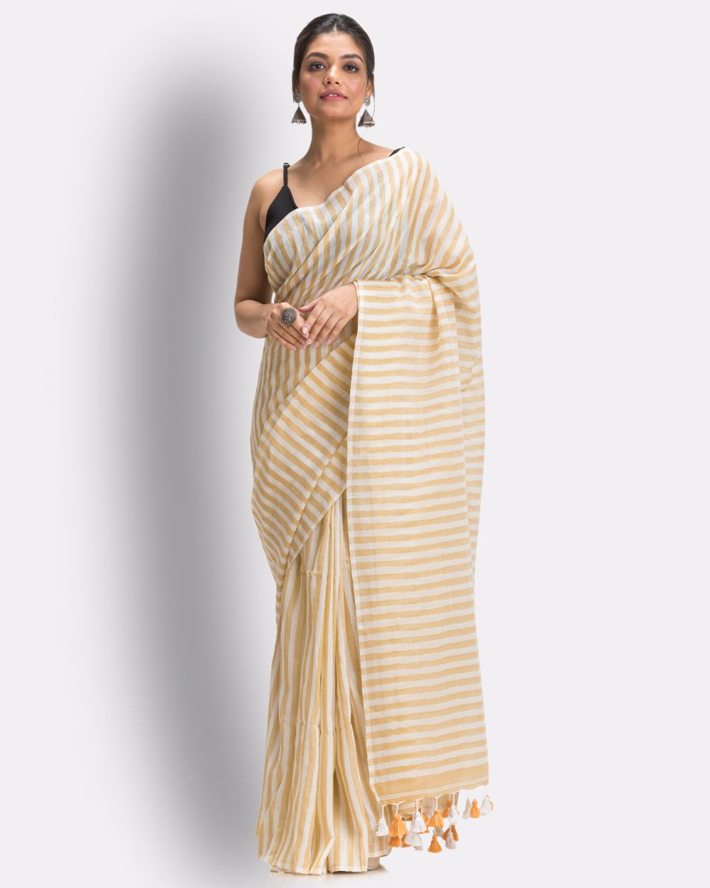 Beige white striped handwoven mul cotton bengal saree