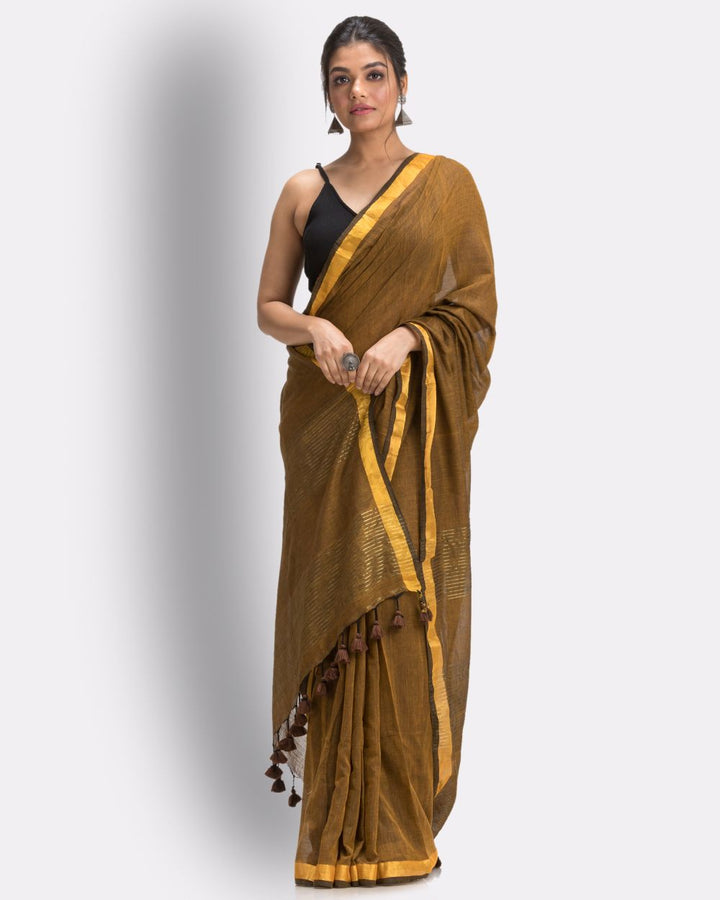 Brown chocolate handwoven mul cotton bengal saree