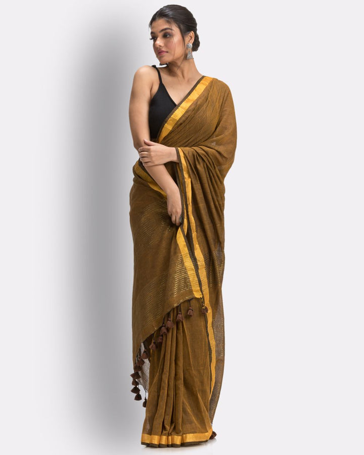 Brown chocolate handwoven mul cotton bengal saree