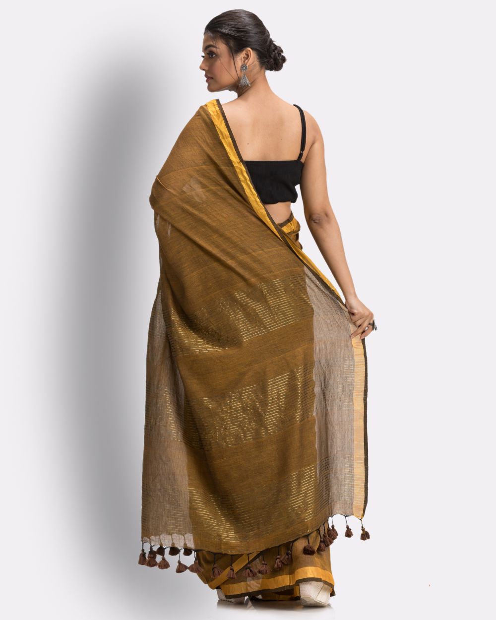 Brown chocolate handwoven mul cotton bengal saree