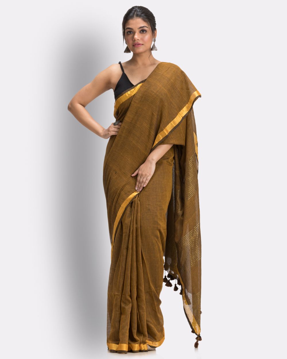 Brown chocolate handwoven mul cotton bengal saree