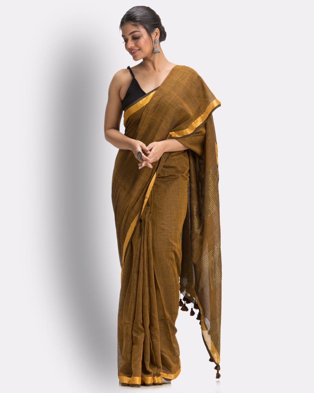 Brown chocolate handwoven mul cotton bengal saree