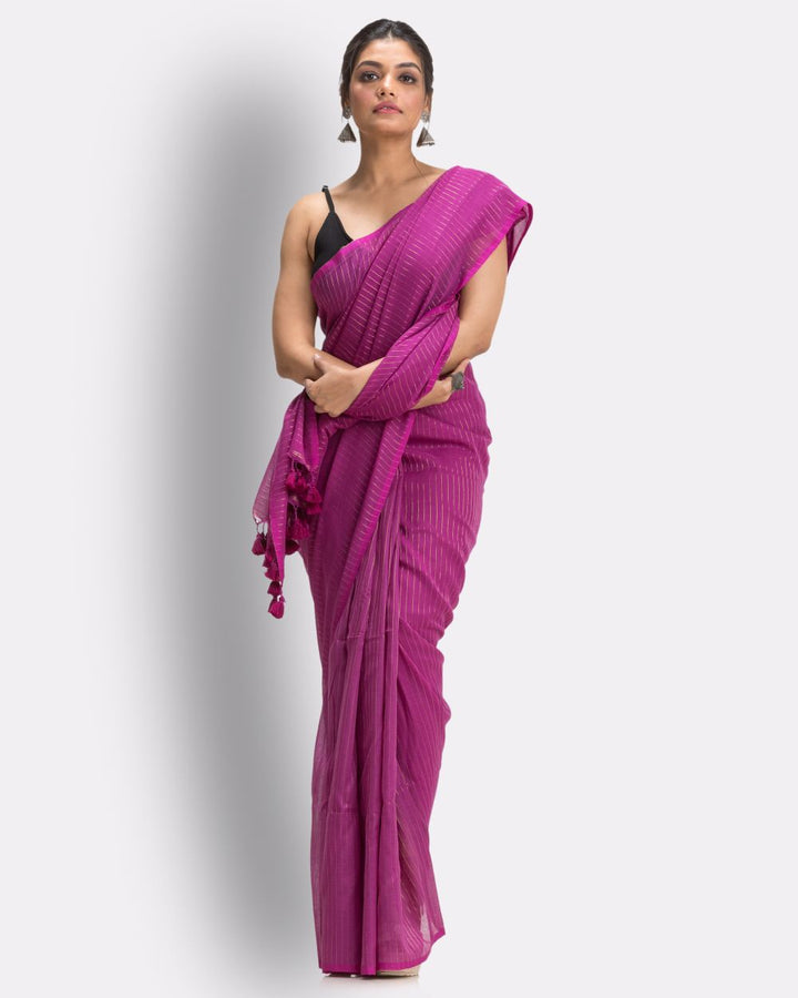 Purple handwoven mul cotton bengal saree