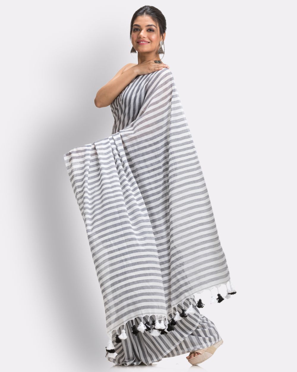 Grey off white striped handwoven cotton bengal saree