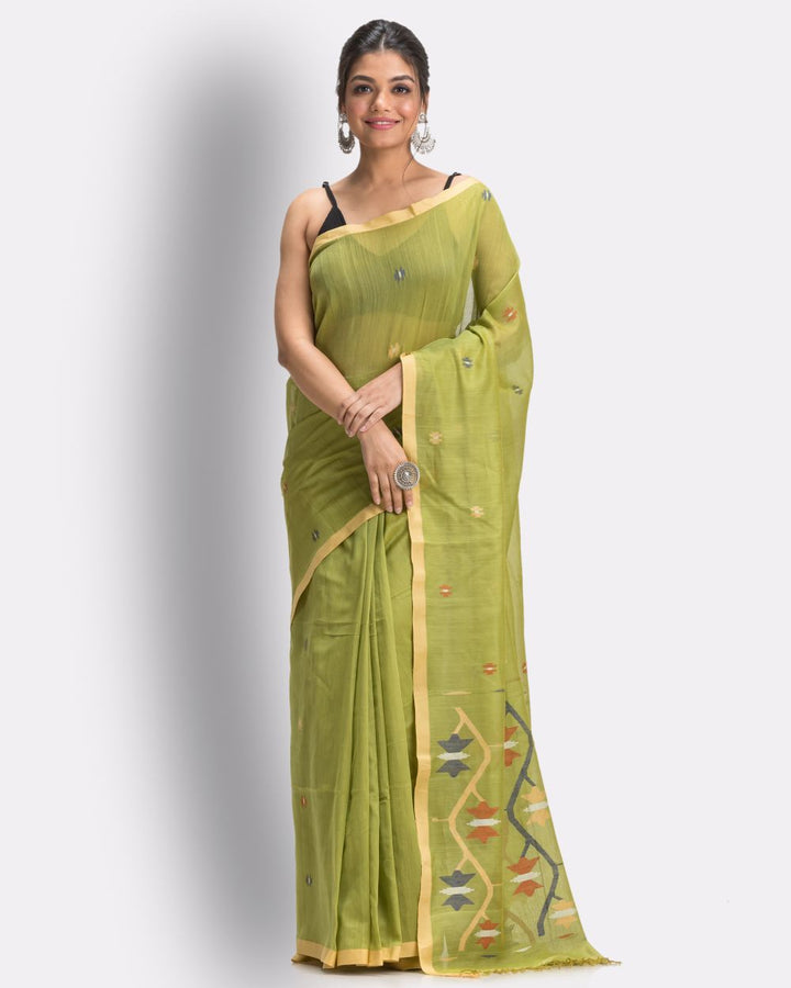 Lime green handwoven cotton jamdani saree