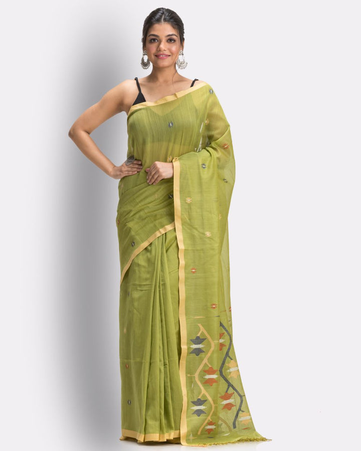 Lime green handwoven cotton jamdani saree