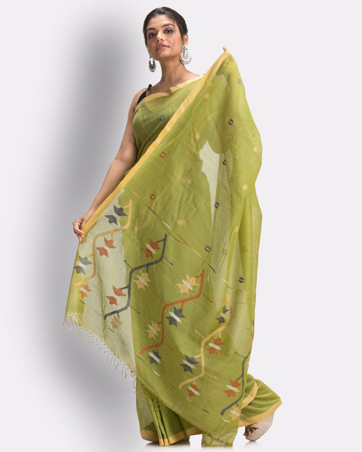 Lime green handwoven cotton jamdani saree