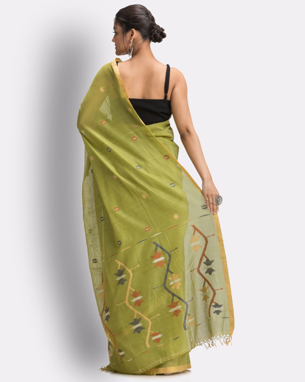 Lime green handwoven cotton jamdani saree