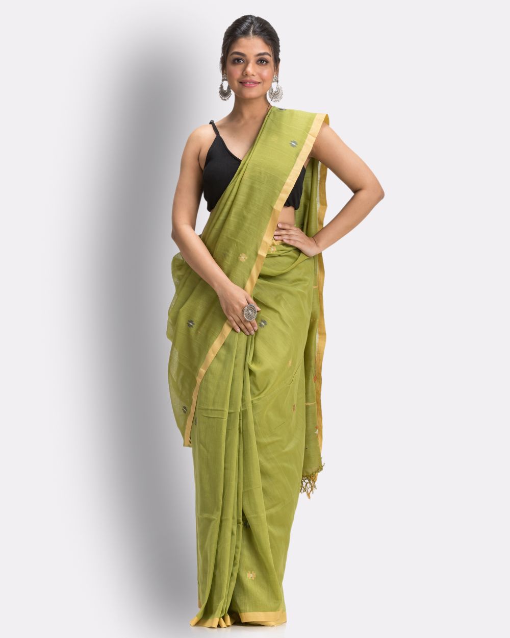 Lime green handwoven cotton jamdani saree
