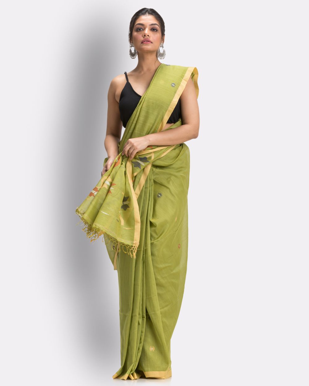 Lime green handwoven cotton jamdani saree