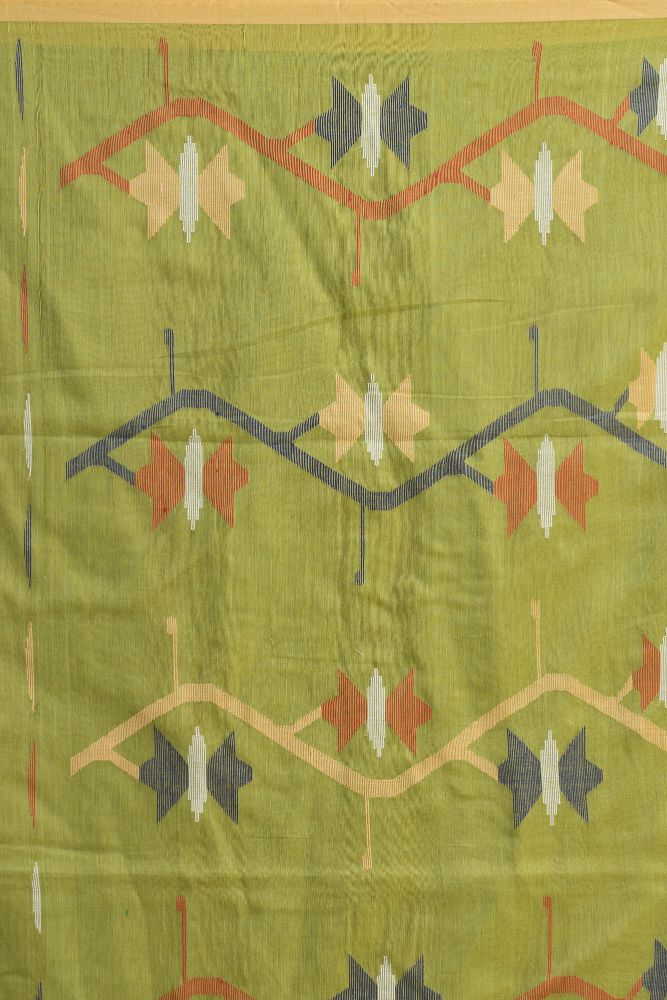 Lime green handwoven cotton jamdani saree