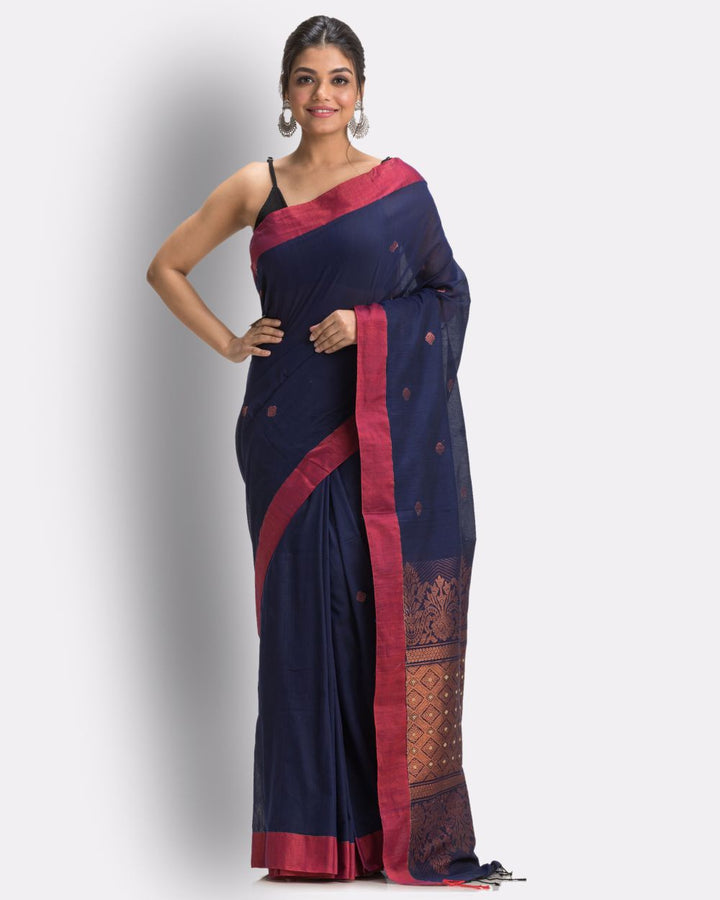 Navy blue red handwoven cotton bengal saree