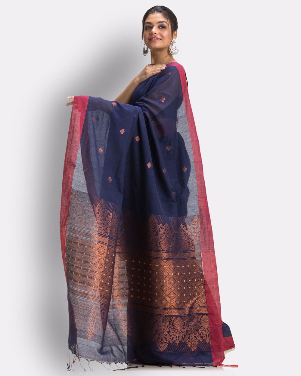 Navy blue red handwoven cotton bengal saree