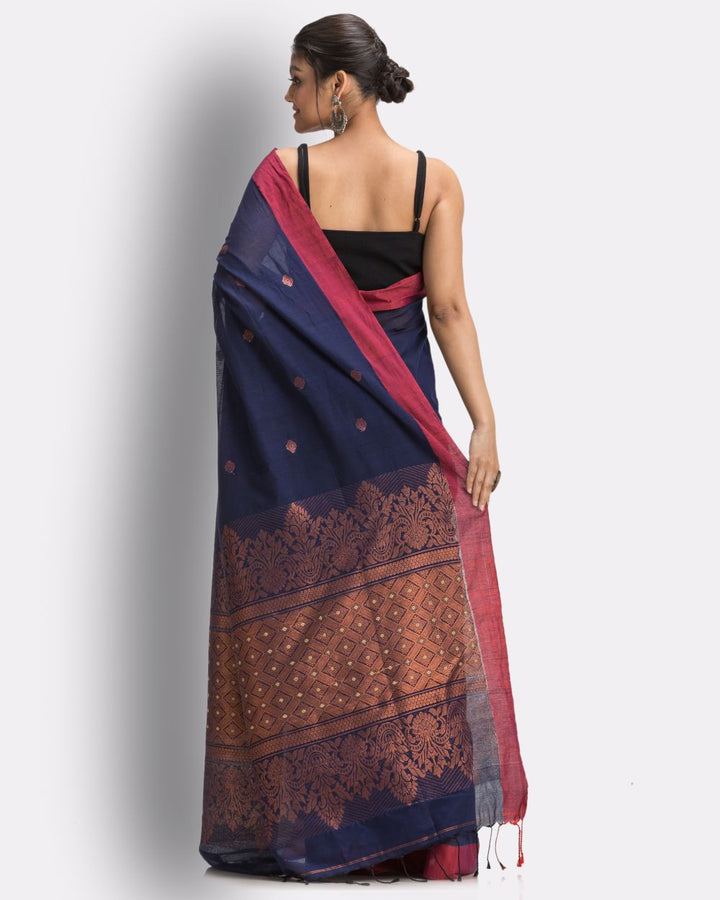 Navy blue red handwoven cotton bengal saree