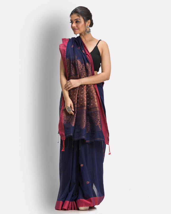 Navy blue red handwoven cotton bengal saree