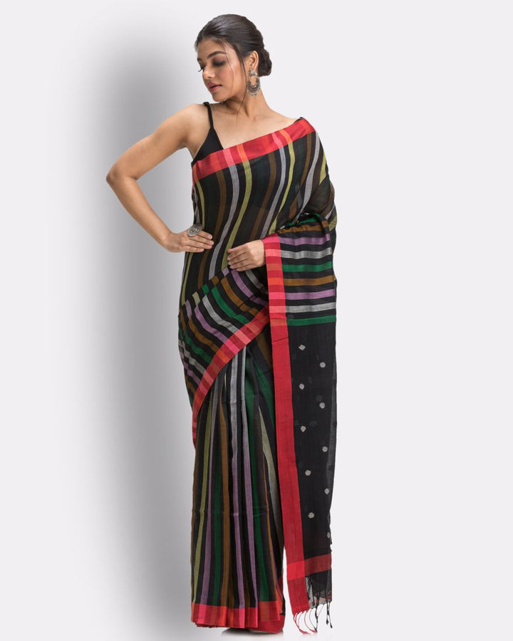 Black stripes handwoven cotton bengal saree