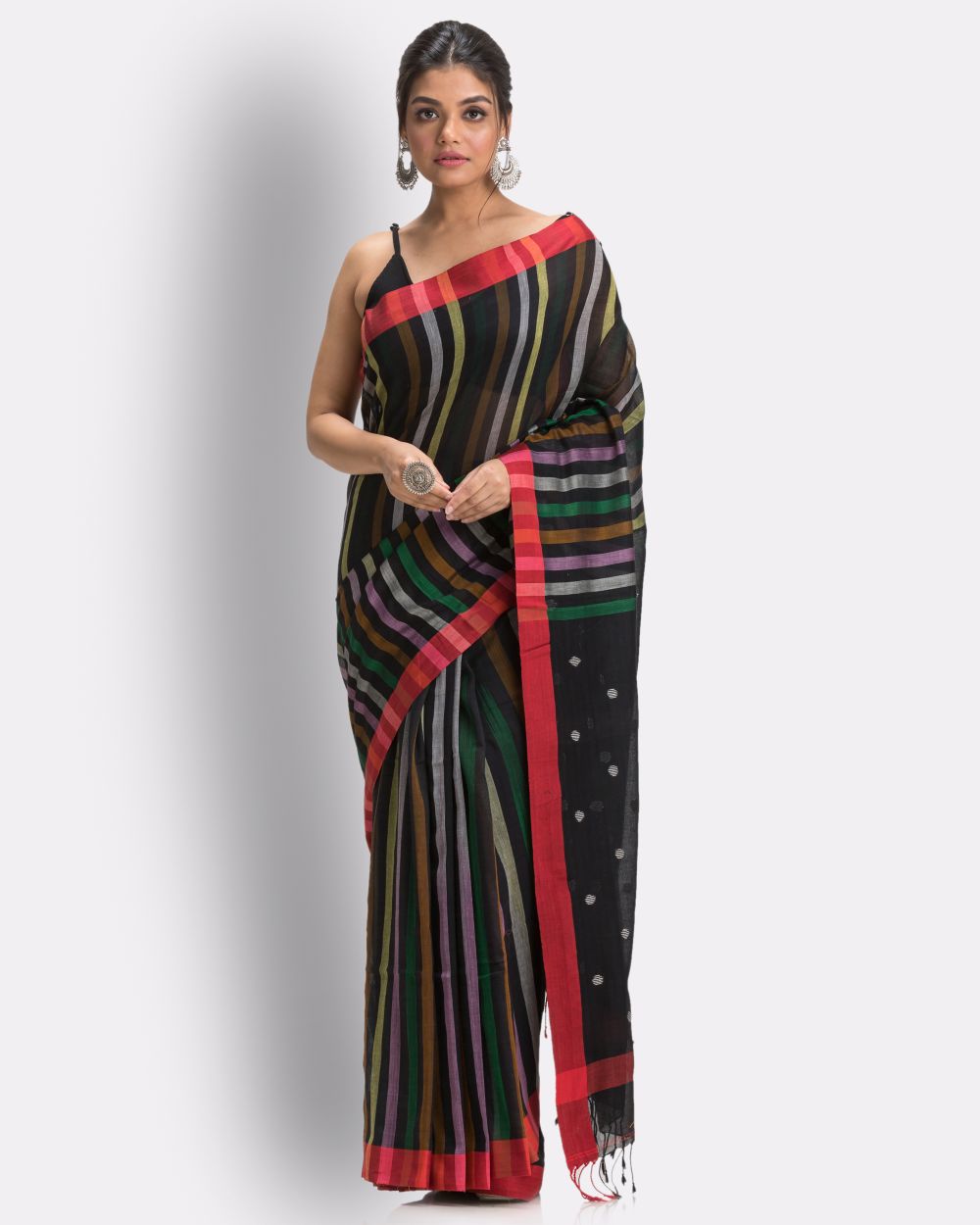 Black stripes handwoven cotton bengal saree