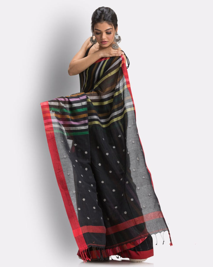 Black stripes handwoven cotton bengal saree
